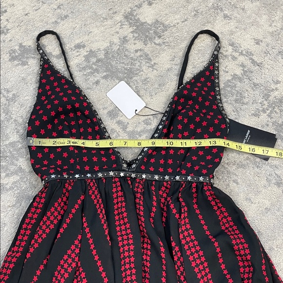 NWT Saint Laurent Paris Deep V Skater Mini Dress Star Print Red Black Sz 34 - Picture 9 of 15